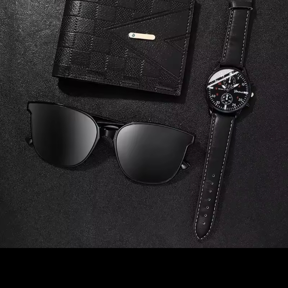 Man's Elegant Black Watch, Sunglasses, and Wallet Set - Picture 2 of 12